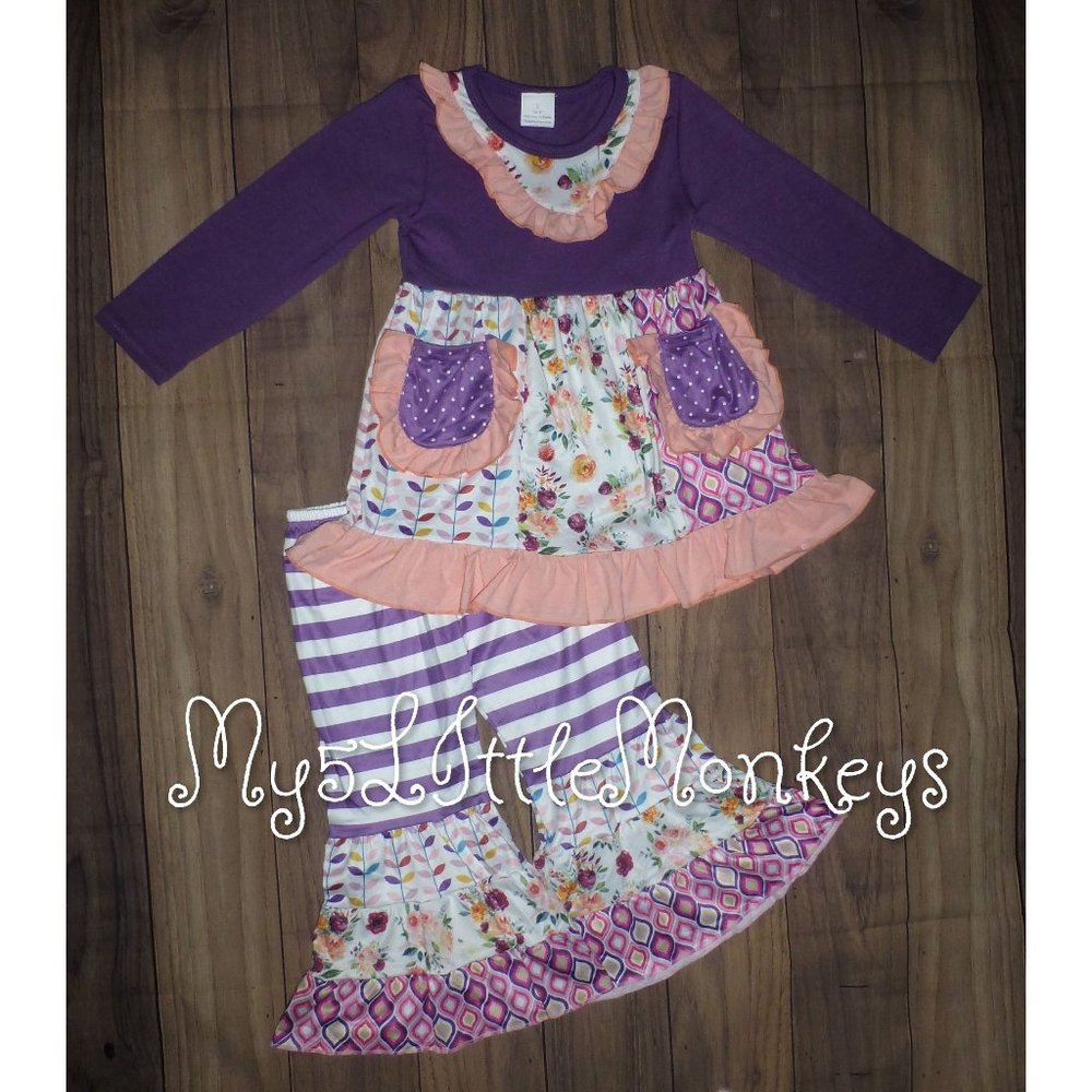 Boutique Floral Ruffle Pocket Tunic Dress & Striped Leggings Girls Outfit